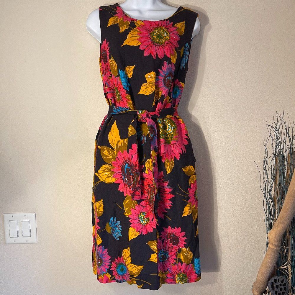 Tyrone Shift Dress Belted Rayon Floral 1960s Vintage Sleeveless Multicolor S